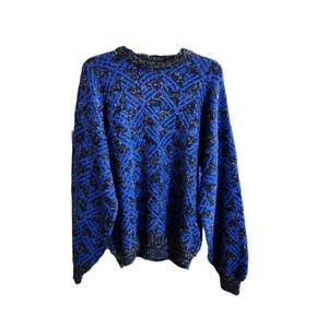 Vintage Men's Tapas Blue & Black Aztec Print Long Sleeve Crew Neck Sweater Sz L